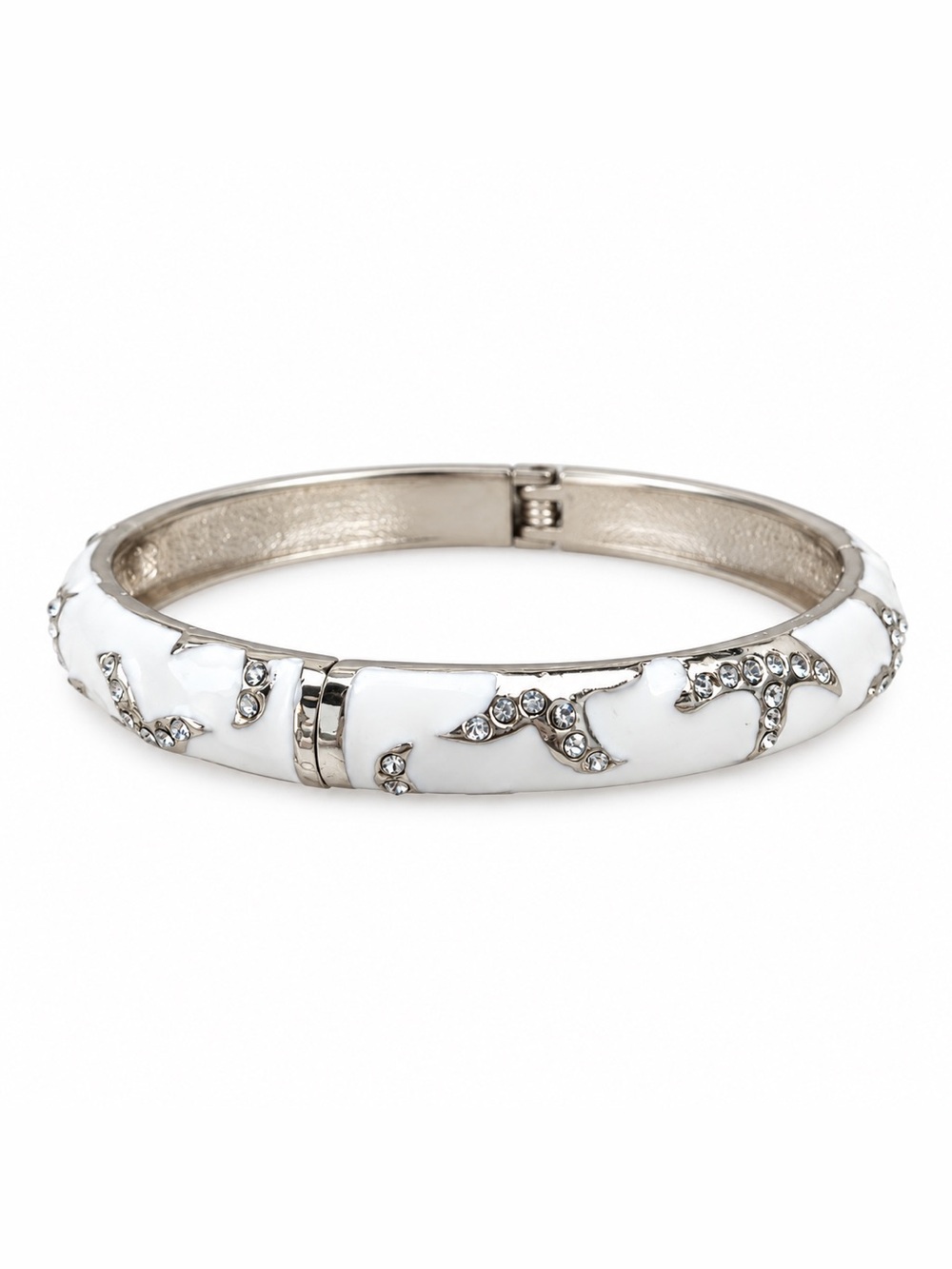 White Crystal Enamel Hinged Bangle Bracelet